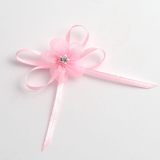 Diamante Flower Satin Bow - Pink (Clearance)