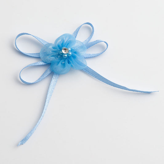 Diamante Flower Satin Bow - Blue (Clearance)