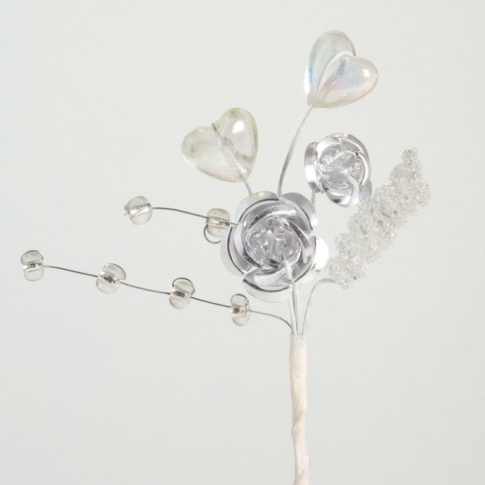 Metallic Rose & Hearts Spray - Silver