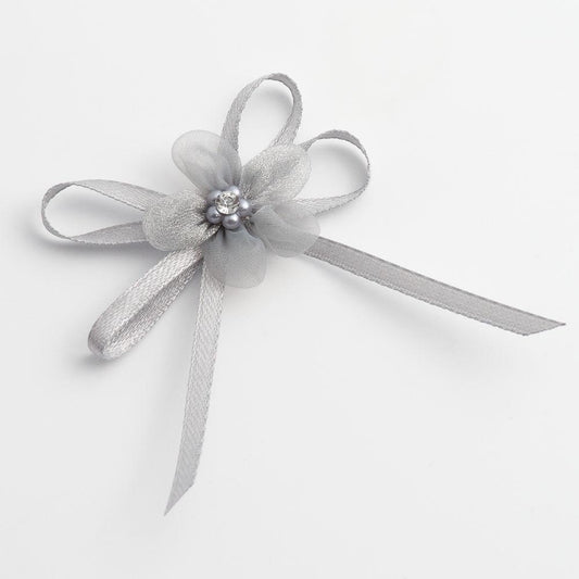 Diamante Flower Satin Bow - Silver (Clearance)