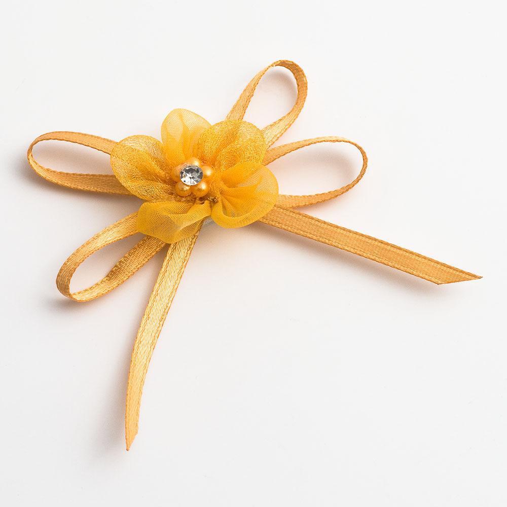 Diamante Flower Satin Bow - Gold