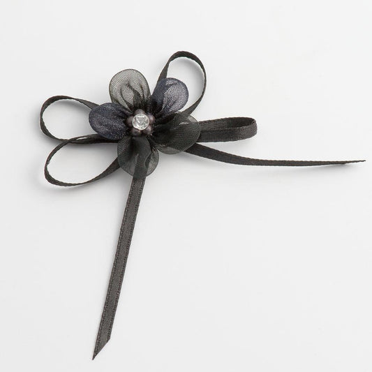 Diamante Flower Satin Bow - Black (Clearance)