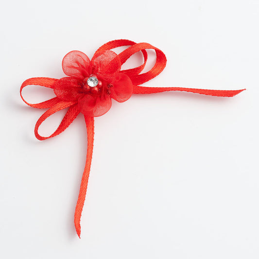Diamante Flower Satin Bow - Red