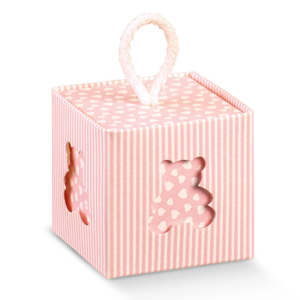Pinstripe Teddy Cube Box - Pink