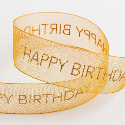 Happy Birthday Organza Ribbon - Antique Gold